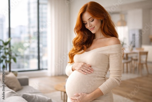 Smiling pregnant woman standing in bright living room holding belly, happy motherhood and prenatal care concept. Free Download Smiling pregnant woman standing in bright living room holding belly, happy motherhood and prenatal care concept. - GFXLoad
