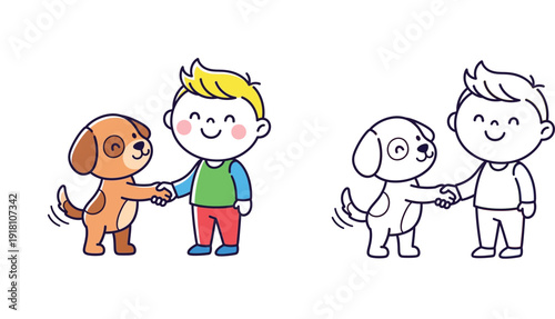 Cute cartoon boy shaking hands with happy dog vector illustration. Funny kid and puppy friendship coloring book page outline and colorful character set isolated on white background.