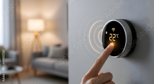 A hand pressing a smart thermostat on a wall