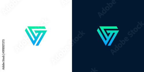 Modern abstract triangular logo with a vibrant blue-green gradient, showcasing interconnected V shapes that symbolize growth, innovation, and technological advancement