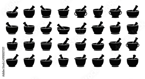 Multiple black mortar and pestle icons arranged in rows on white background for pharmacy or lab design