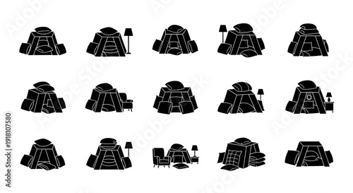 Set of black and white robotic head silhouettes with various designs and details on a white background