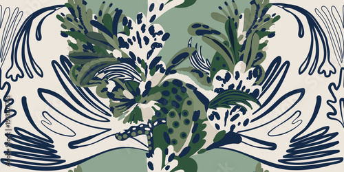 Abstract ethnic botanical print. Hand drawn leaves and shapes collage contemporary seamless pattern. 