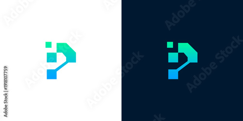Abstract digital letter P logo design with gradient blue-green color scheme on white and dark backgrounds, technology and connection concept
