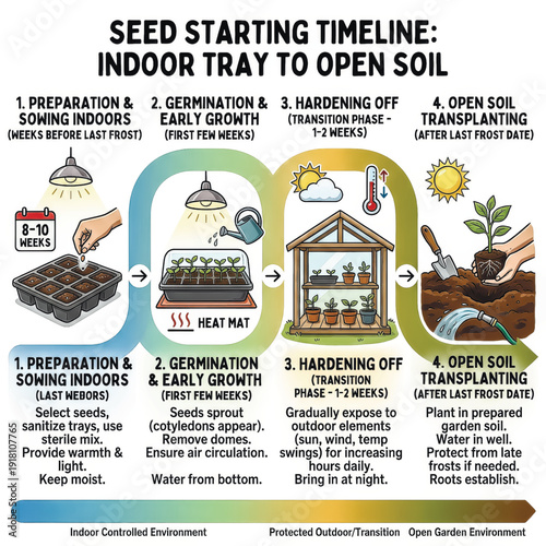 This timeline guides you from preparation and sowing, through germination and hardening off, to successfully planting in open soil. Perfect for planning your spring garden.. Vector illustration