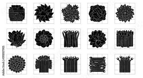 Collection of black floral and leafy designs on white background for crafting and decoration