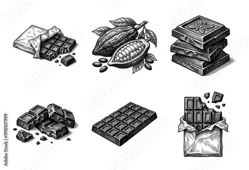 Set of vintage engraved illustrations featuring chocolate bars, cocoa pods, and beans in a woodcut etching style