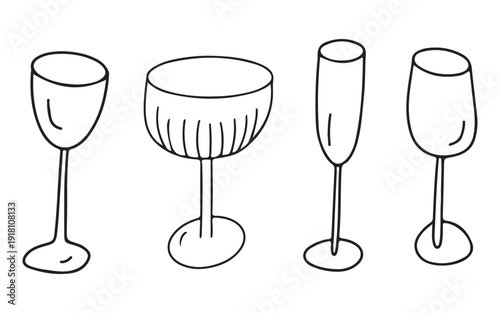 Vector illustration of four festive wine glasses in different shapes, isolated on a white background. Each glass has a unique design and style.