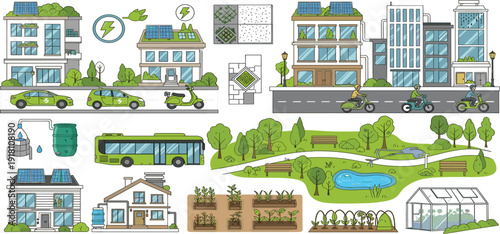 Sustainable smart city illustration with green buildings electric buses solar panels urban parks and community greenhouse for eco friendly urban living