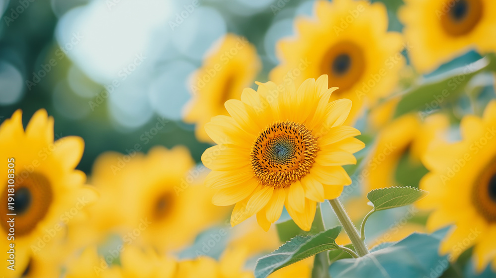Obraz premium Yellow sunflower blooming in garden with green leaves. Summer agriculture concept