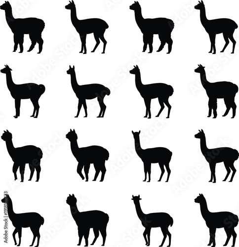 Black silhouette vector illustration of llamas in grid layout showcasing diverse poses, animal design, uniform spacing, and visual comparison.