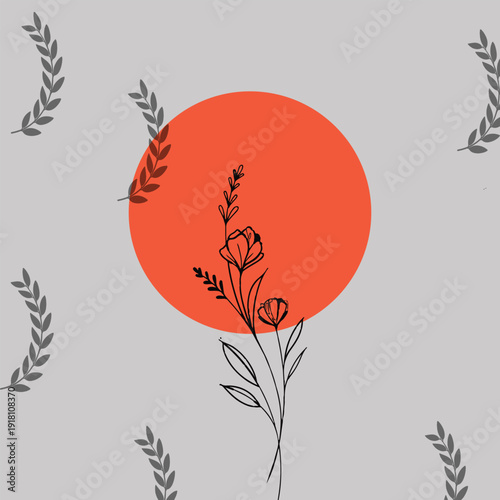 Japanese style floral art with a red circle and leaf silhouettes