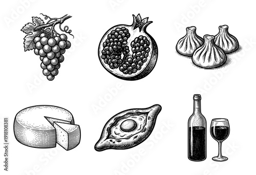 Vintage engraving style collection of Georgian cuisine elements including khachapuri, khinkali, wine bottle, pomegranate, grapes, and cheese