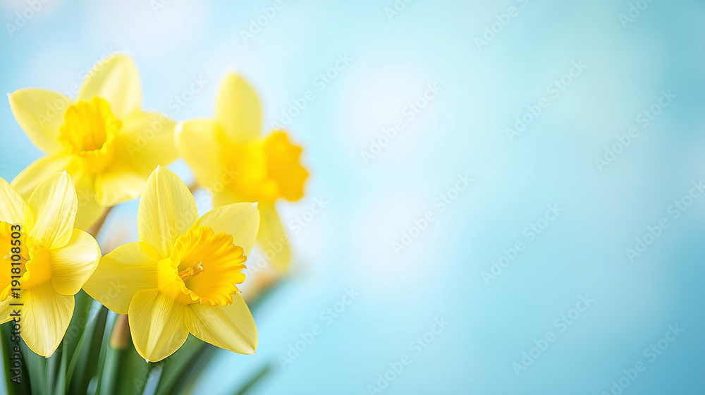 Fototapeta premium Yellow daffodil flowers on blue sky backdrop. Narcissus bouquet for Easter or 8 March. Empty area for text