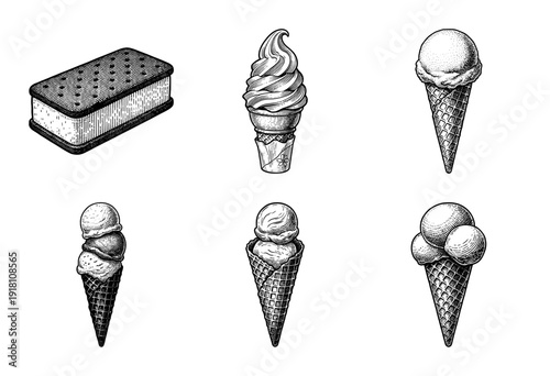 Set of vintage engraved ice cream illustrations featuring cones, soft serve, and sandwich in a classic woodcut style