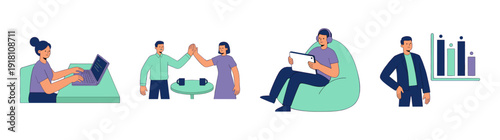 Flat Vector Remote Office Employees Asset Sheet for Collaborative Workplace and Business Data Visualization