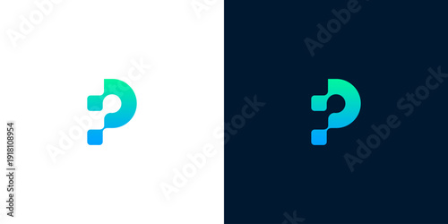 Abstract letter P logo design, geometric and digital with gradient effect on white and dark blue backgrounds