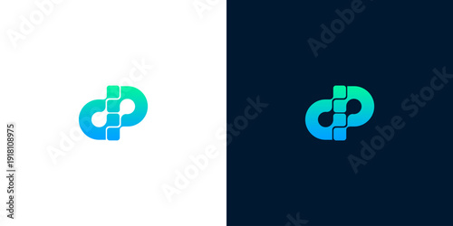 Abstract logo design featuring the letters D and P in a modern, geometric, and digital style with a gradient color scheme