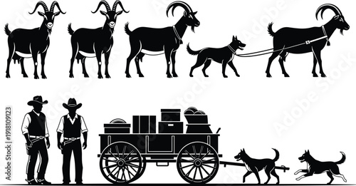 Silhouette goats dogs teamwork, cowboy wagon scene, animal transportation, rural lifestyle, farm animals, western culture, countryside illustration, imaginative concept, rustic adventure