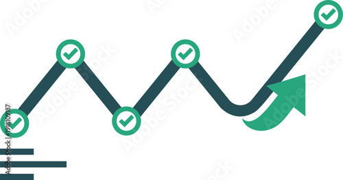 Dark blue line graph with green checkmarks and upward trend arrow chart data statistics