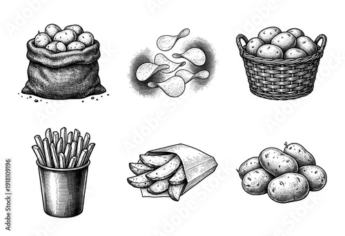 Vintage engraving style potato collection featuring raw tubers in sacks and baskets alongside fried snacks like chips and french fries