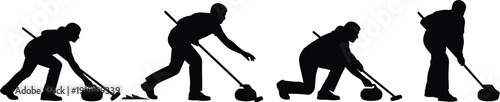 Silhouettes of curling athletes with brooms and stones in dynamic poses representing winter sport, teamwork, and vector design content