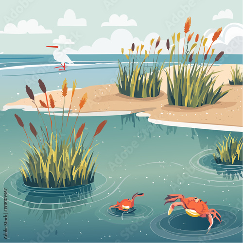 Peaceful Wetland Ecosystem Illustration with Crabs and Heron Amidst Reeds and Calm Waters