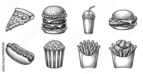 Vintage engraving style fast food collection featuring pizza slice, double cheeseburger, hot dog, french fries, popcorn, and chicken nuggets