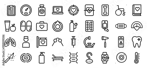 Medical healthcare icon set featuring thick outline vector pictograms of a stethoscope, syringe, lungs, heart monitor, wheelchair, pills, and dental tooth.