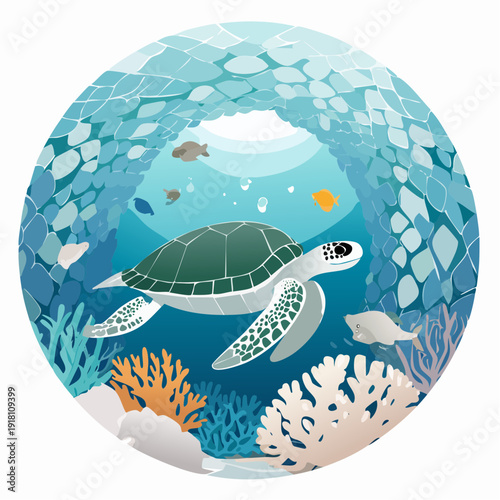 Serene underwater view of a green sea turtle exploring a colorful coral reef with various marine creatures