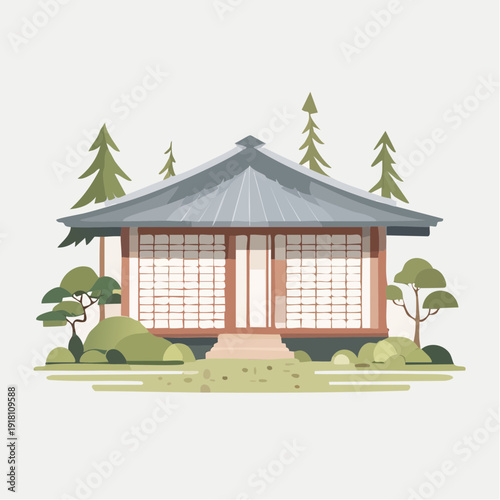 Peaceful Traditional Japanese House Illustration amidst a Serene Garden Landscape Vector Art