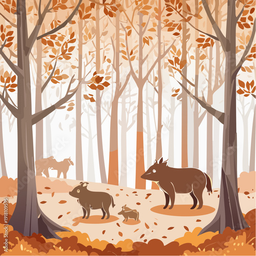 Autumn forest scene with wild boar family and deer in the background