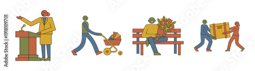 Flat Vector Diverse People Daily Life Activity Element Kit for Community and Social Engagement Narratives