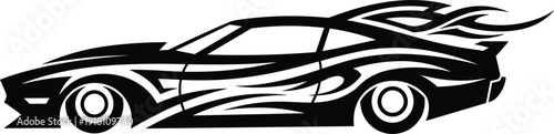 Stylized black sports car silhouette vector illustration with tribal flame patterns isolated on white background for automotive vinyl decals