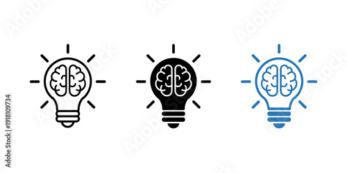 Light bulb icons with brain inside on white background