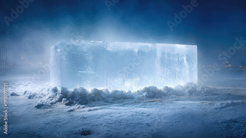 Ice Block Amidst Blizzard: A colossal rectangular ice block stands firm against a furious blizzard. The icy structure glimmers with glacial beauty, a testament to nature's formidable power.