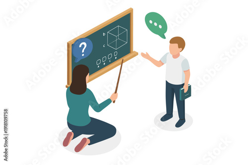 A cartoon illustration of a teacher and student discussing a chemistry concept