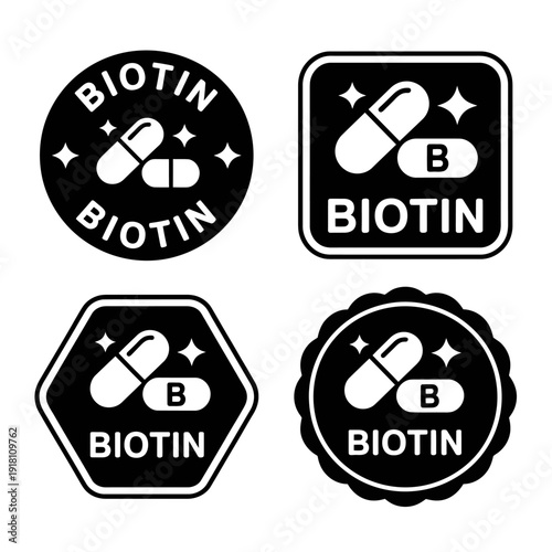 Biotin supplement labels and badges with pills and vitamin icons