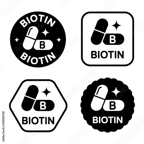 Biotin supplement labels with pills and stars on white background