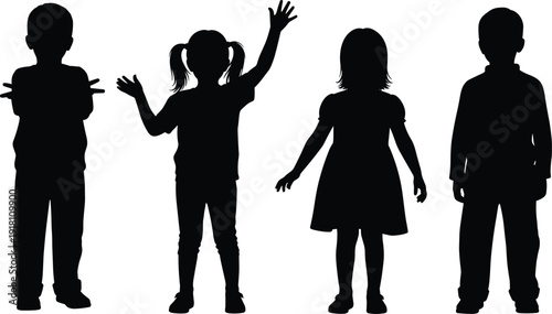 Black silhouette collection of happy children and kids standing in different poses isolated on white background for primary school design
