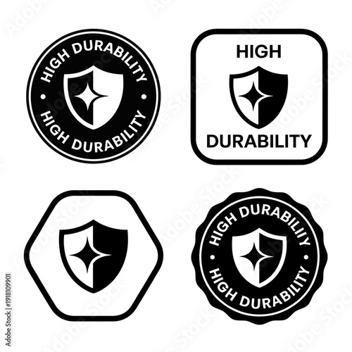 Black and white durability shield icons with high durability labels