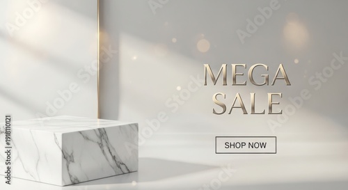 Wallpaper Mural Mega sale advertisement featuring luxurious marble pedestal and gold text on elegant white background with soft lighting Torontodigital.ca