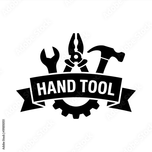 Hand tool logo with hammer wrench pliers and gear  industrial design symbol