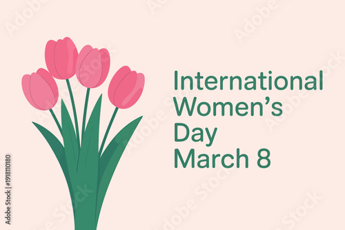International Womens Day March 8 pink tulips bouquet green leaves