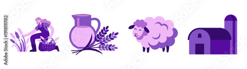 Flat Vector Purple Farm Life Graphic Set for Organic Agriculture and Rural Sustainability Branding