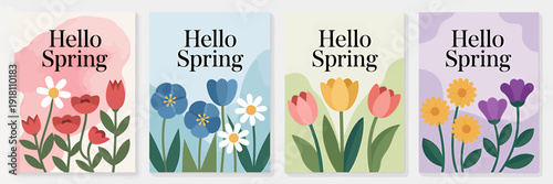 Hello spring colorful flowers illustrations with text on cards  springtime floral greeting cards