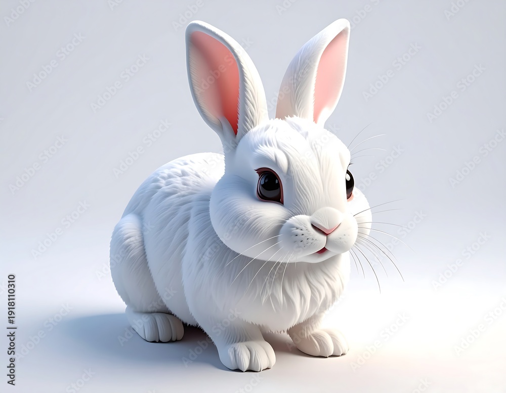 Fototapeta premium Fluffy white bunny posed against a white background, small paws visible, standing