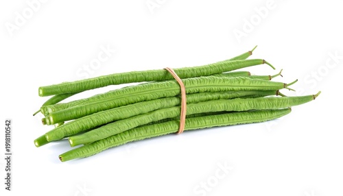 Bunch of long, slender, green beans tied with a rubber band against a stark white backdrop in crisp, clear detail