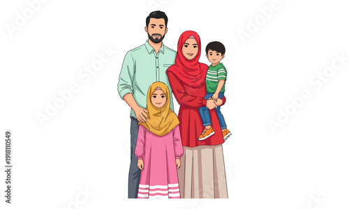 Happy Muslim Family Portrait with Parents and Two Children