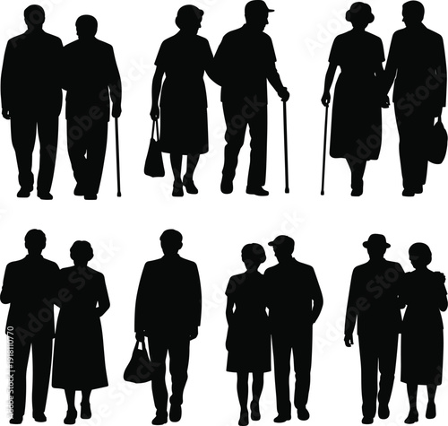 Silhouette of eight elderly couples walking together vector illustration, senior people companionship aging partnership mobility concept isolated on white background